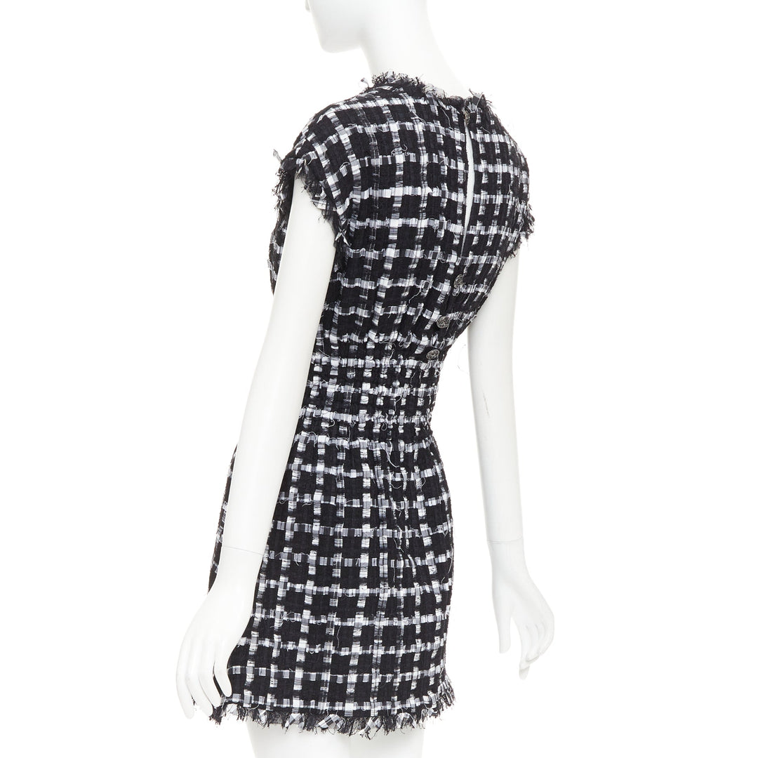 CHANEL 2011 black white checkered frayed tweed buttons ruched mini dress FR36 S