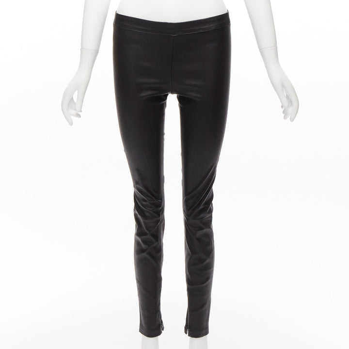 VINCE black genuine leather panelled back darts fitted moto leggings XS