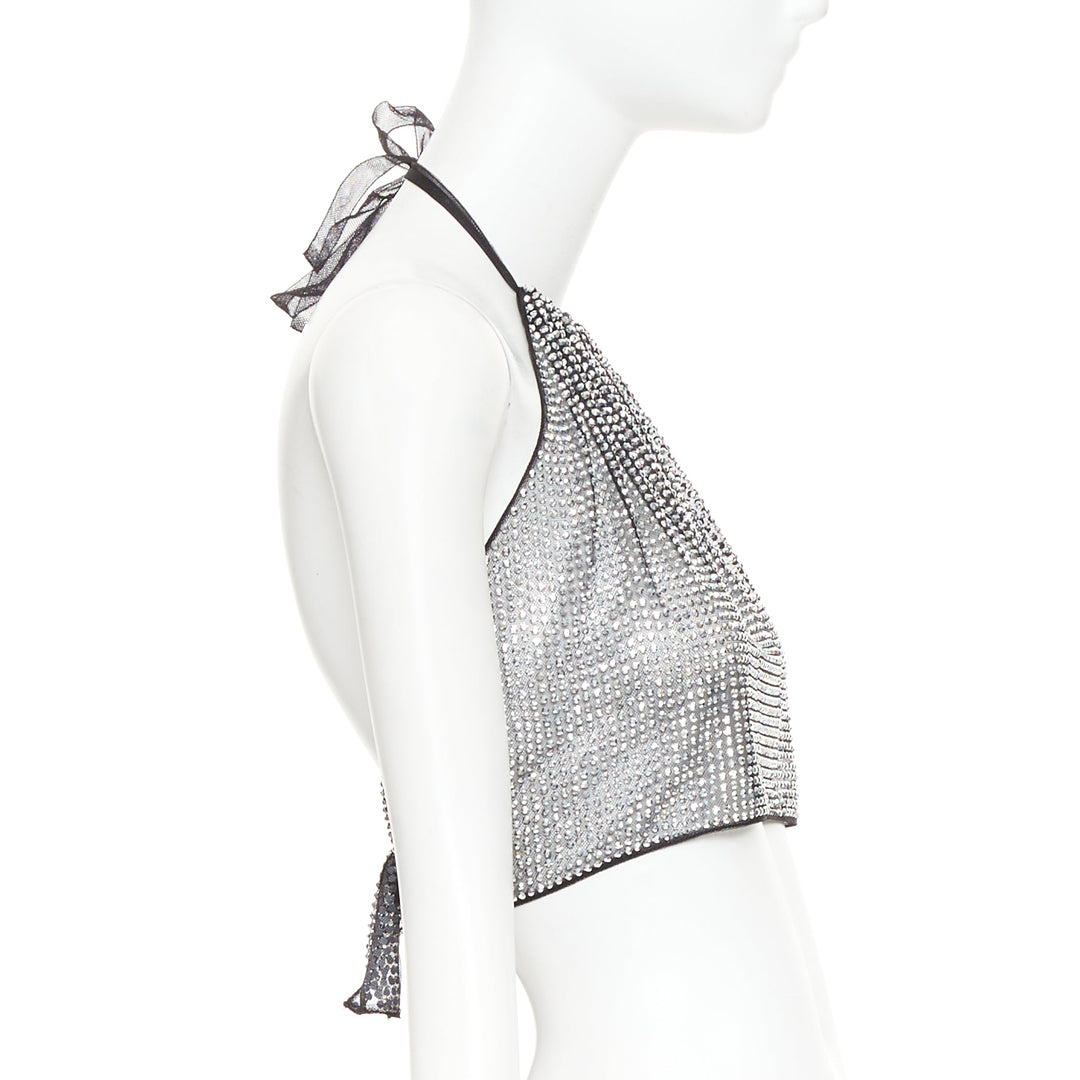 PRADA 2021 silver crystal rhinestone mesh halter neck crop top IT36 XXS