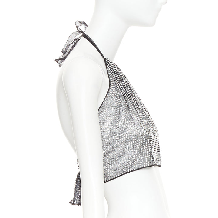 PRADA 2021 silver crystal rhinestone mesh halter neck crop top IT36 XXS
