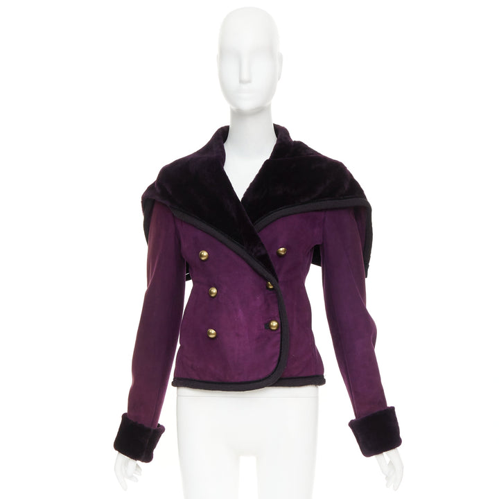 YVES SAINT LAURENT Vintage purple suede fur lined double breasted jacket FR36 S