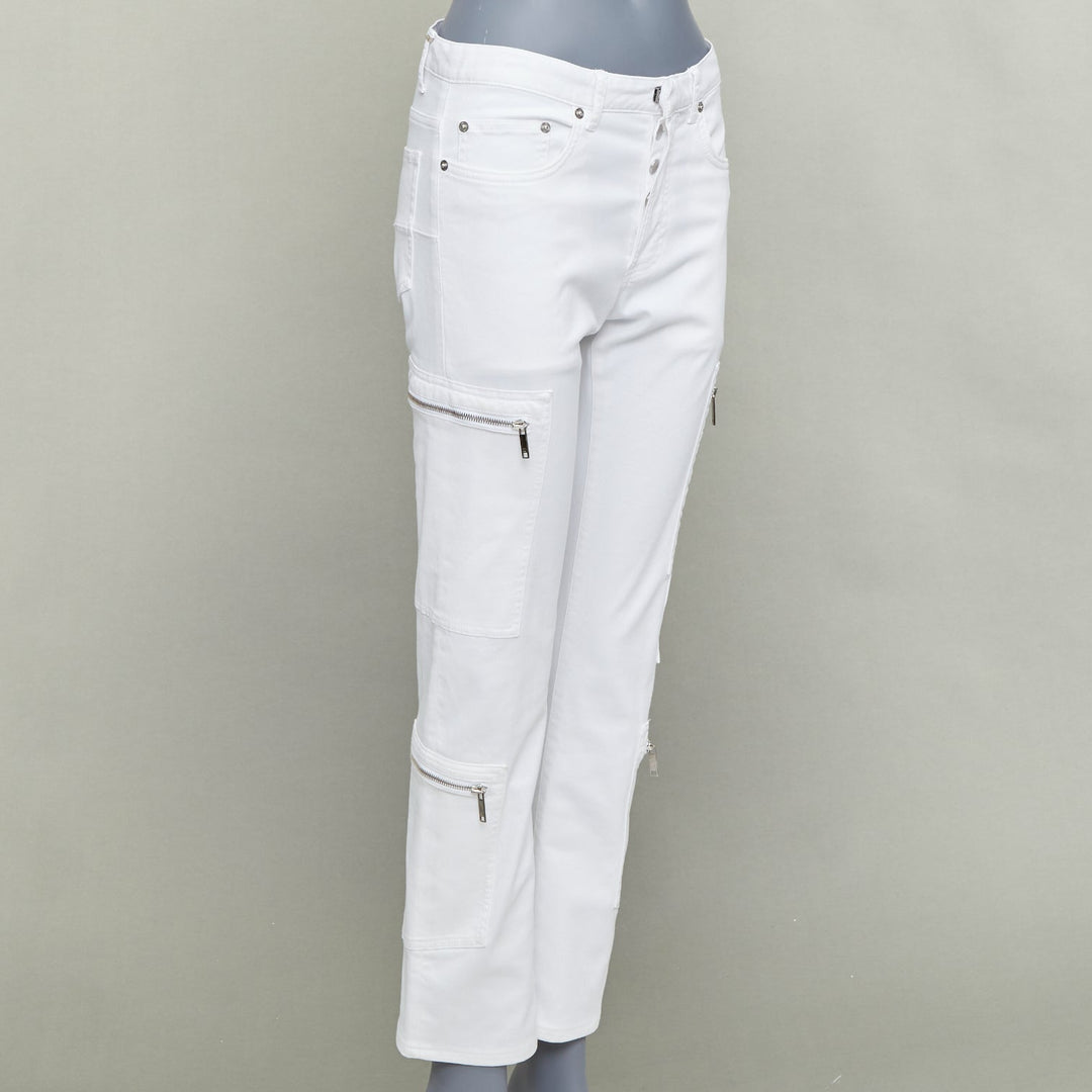DIOR HOMME white cotton blend silver zip cargo pockets straight jeans 29"
