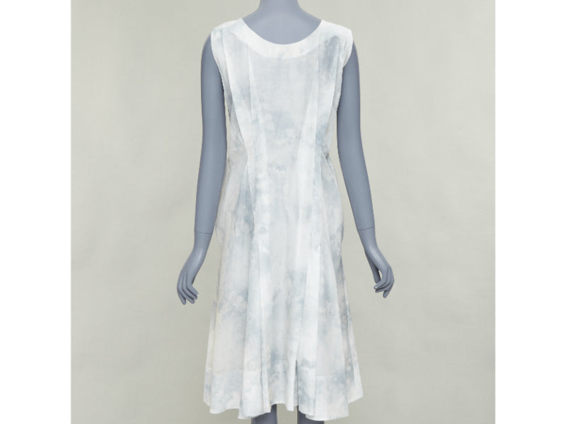 MARNI offwhite steel blue tie dye print cotton round neck layered dress IT36 XXS