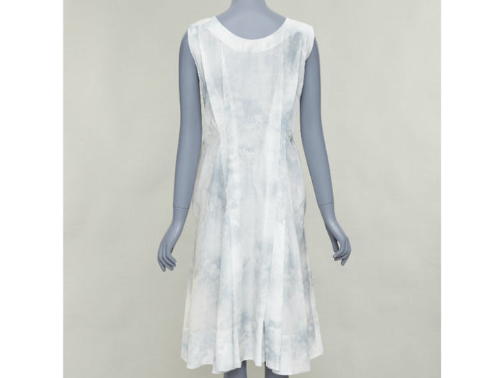 MARNI offwhite steel blue tie dye print cotton round neck layered dress IT36 XXS