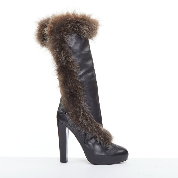 HERME 2010 Runway  black leather brown fur lined buckled block heeled boots EU39