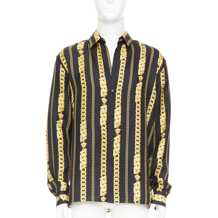 VERSACE 100% silk black gold Medusa Chains cuban link printed shirt IT54 XXL
