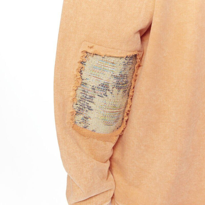 ALCHEMIST orange washed cotton tweed embroidered hood patchwork hoodie L