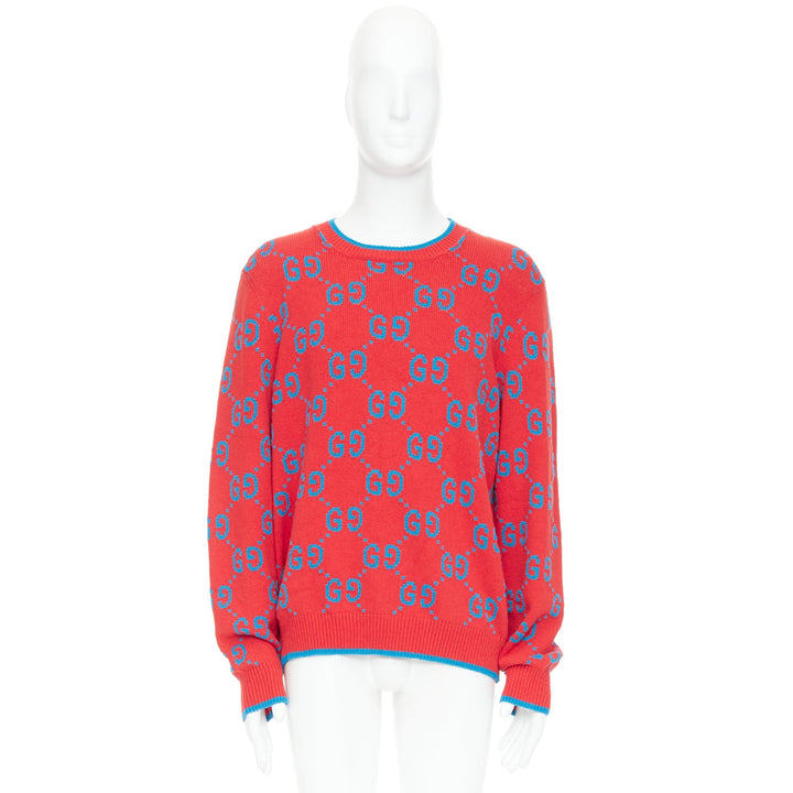 GUCCI red blue cotton blend GG monogram intarsia sweater XL