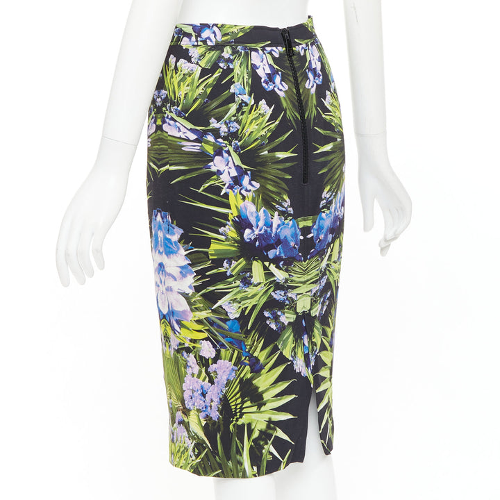 GIVENCHY 2012 symmetric purple green orchid viscose pencil skirt FR38 M