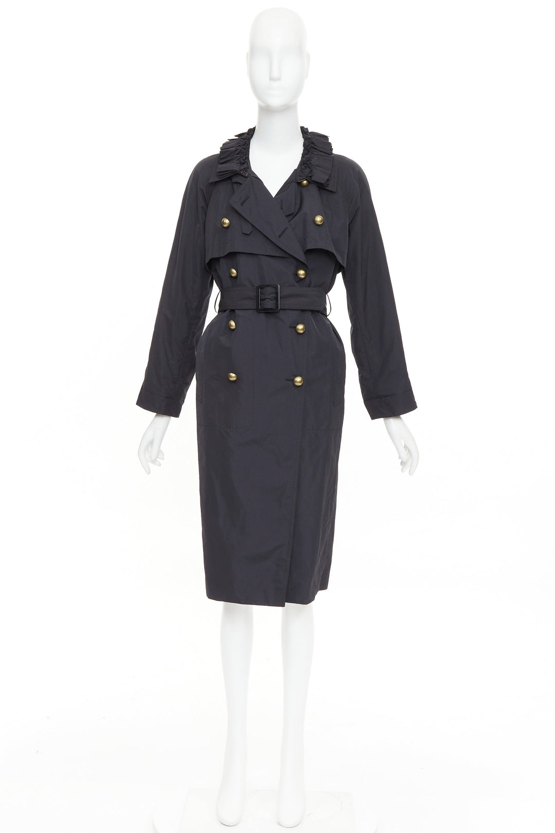 YVES SAINT LAURENT 2006 black nylon ruffle bronze button trench coat FR34 XS