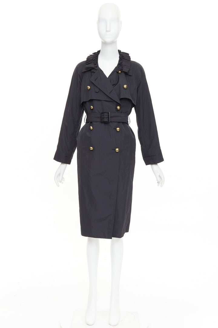 YVES SAINT LAURENT 2006 black nylon ruffle bronze button trench coat FR34 XS