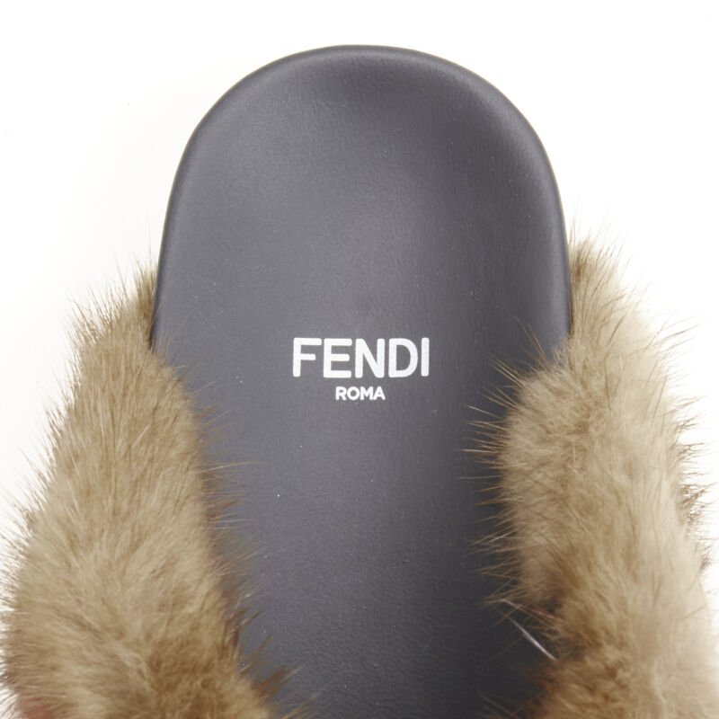 FENDI Open Your Heart brown mink fur cross strap slides sandals EU36