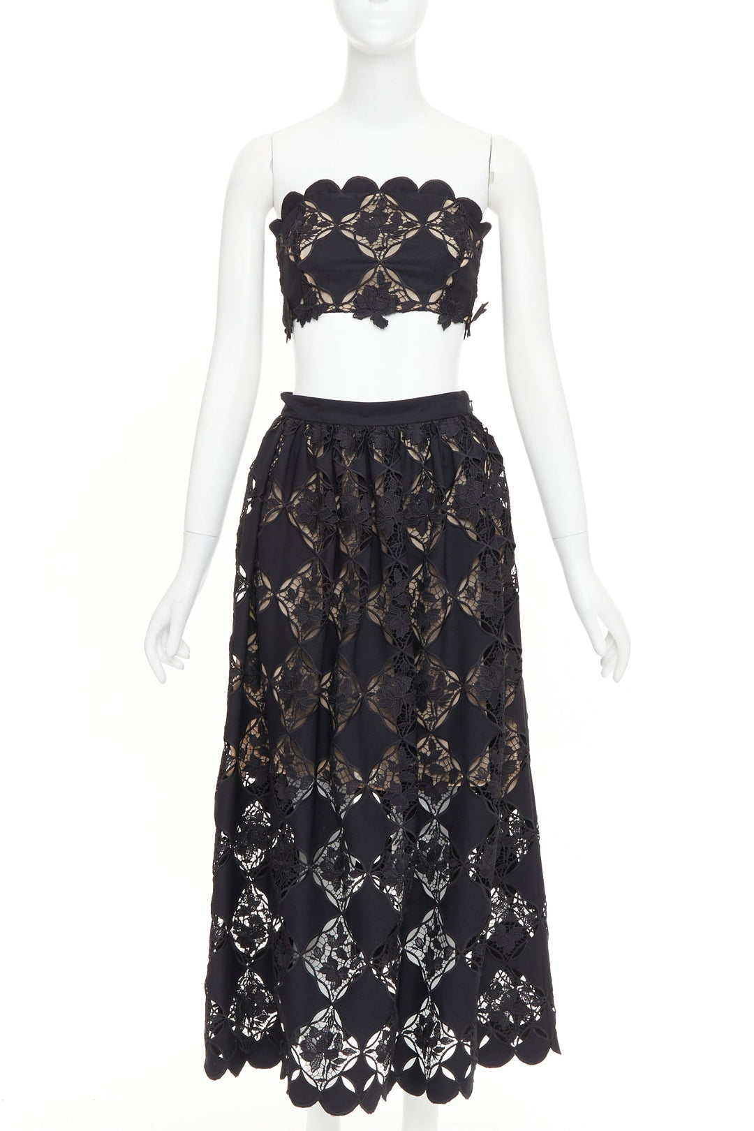 OSCAR DE LA RENTA PS24 black Gardenia Guipure lace top skirt dress set US0 XS