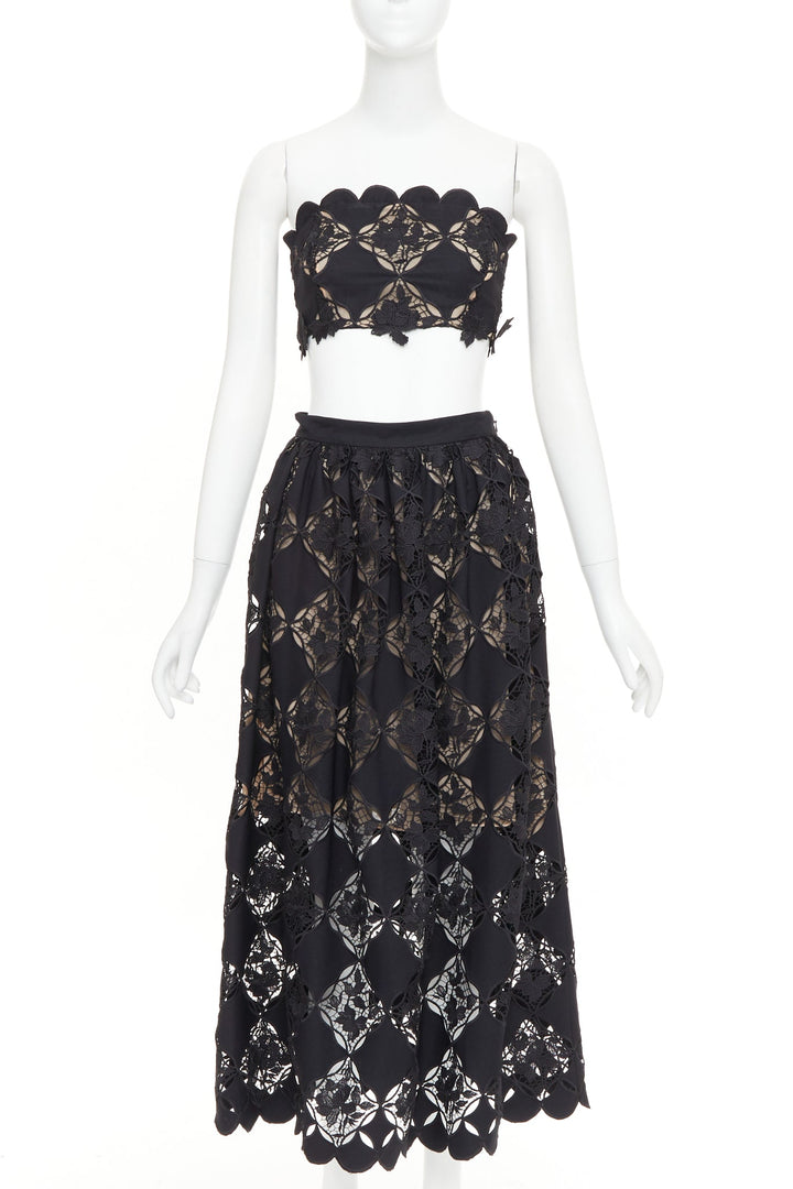 OSCAR DE LA RENTA PS24 black Gardenia Guipure lace top skirt dress set US0 XS