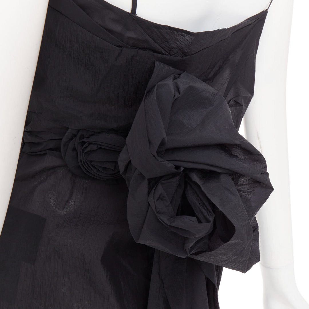 PRADA 2023 Runway black crinkled Re-Nylon crepe rosette draped slip gown IT38 XS