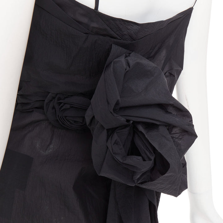 PRADA 2023 Runway black crinkled Re-Nylon crepe rosette draped slip gown IT38 XS