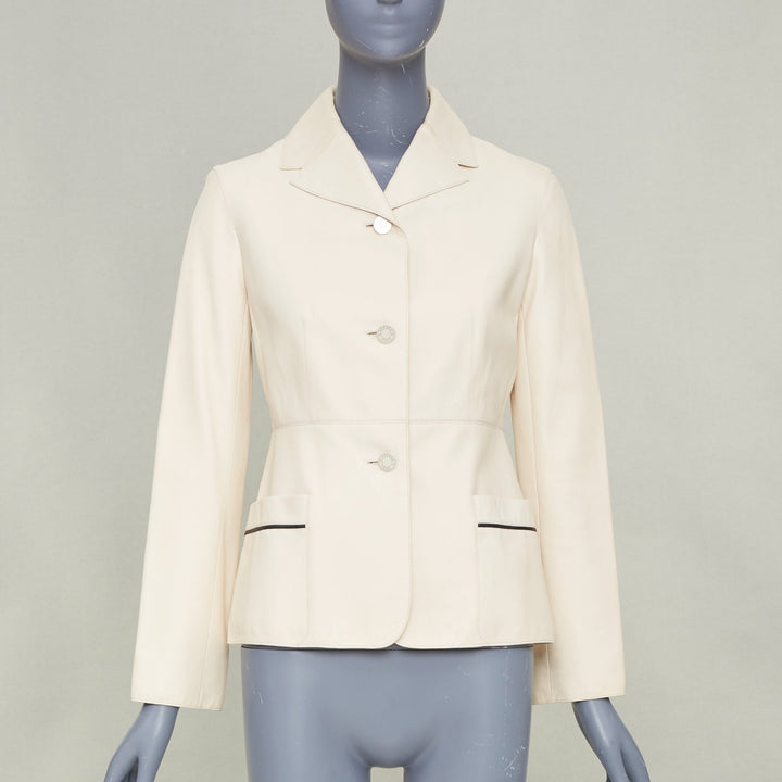 HERMES 2021 Equestrian ivory cream washed lambskin leather fitted jacket FR34 XS