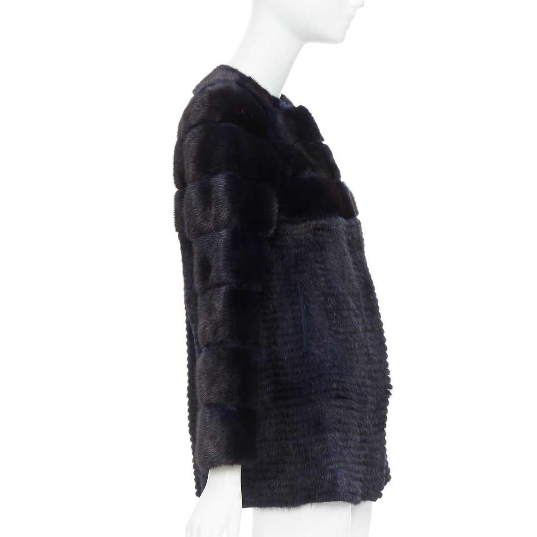 YVES SALOMON KIDS black navy horizontal mink fur work collarless coat Y12