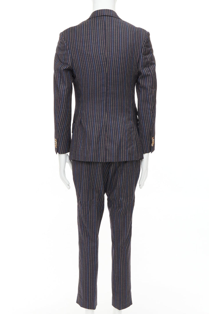 ETRO grey brown multi pinstripe single breasted cropped blazer pants set IT52 XL