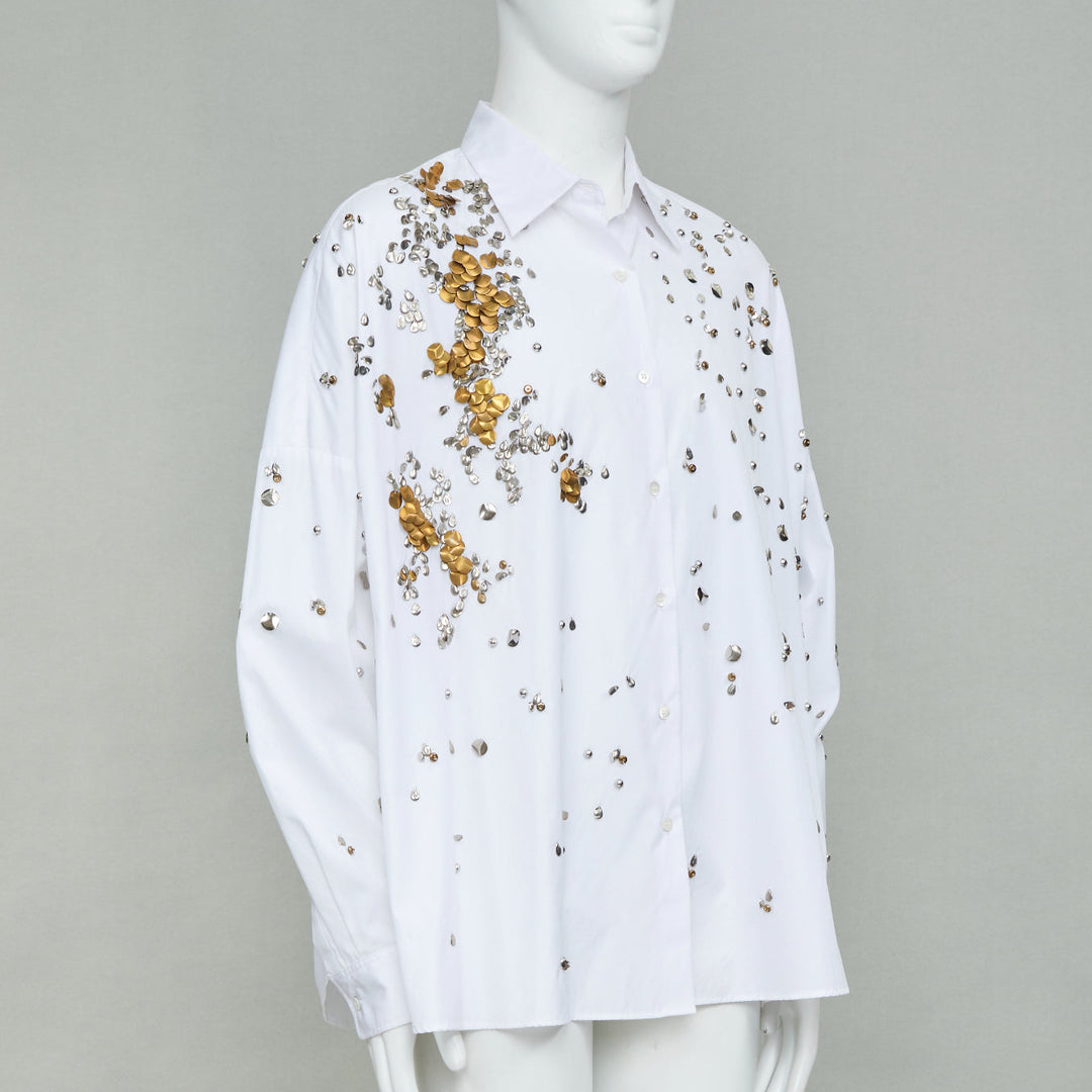DRIES VAN NOTEN 2024 Casia white gold sequin bead embellished cotton shirt M