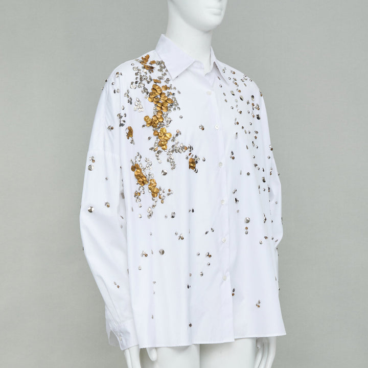 DRIES VAN NOTEN 2024 Casia white gold sequin bead embellished cotton shirt M