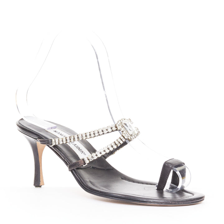 MANOLO BLAHNIK Vintage black leather crystal toe ring stiletto sandals EU37.5