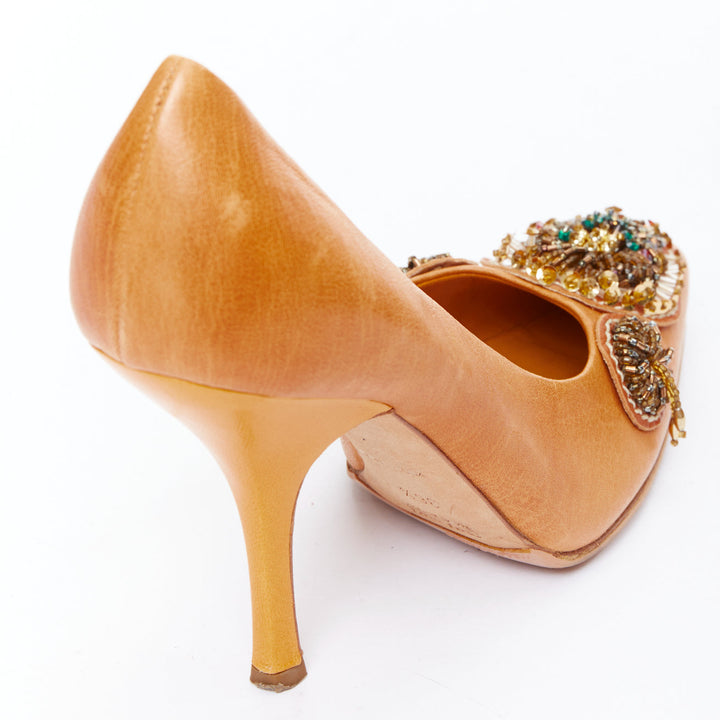 MIU MIU Vintage tan nude bead embellished kitten pumps EU36.5