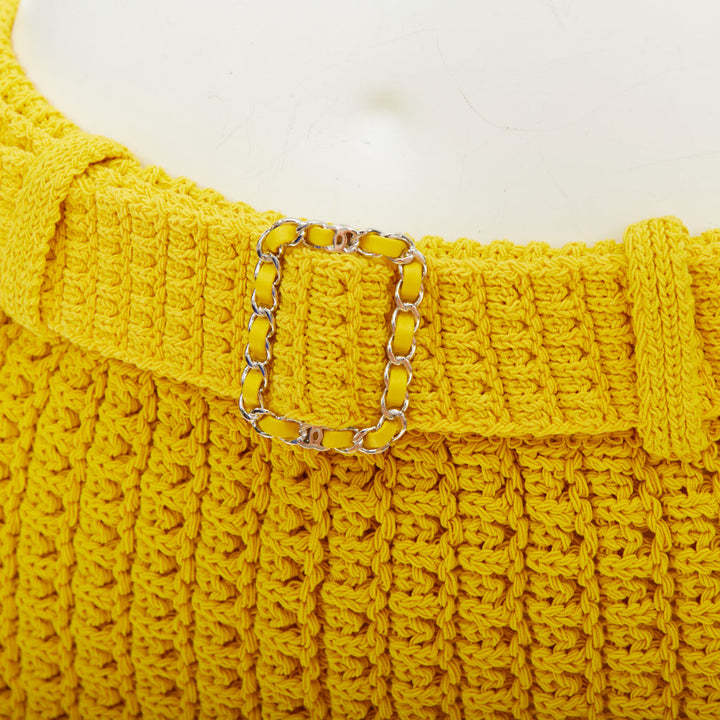 CHANEL 25C Runway yellow textured openwork knit belted shorts FR34 XS