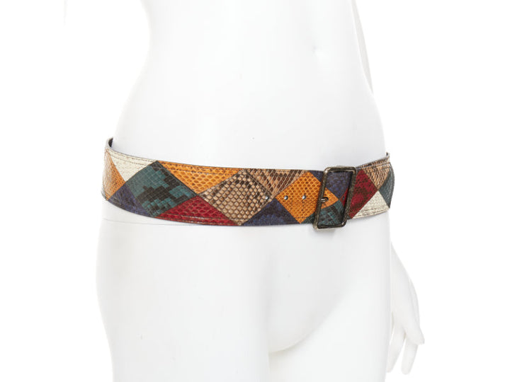 SAINT LAURENT diamond patchwork multicolor scaled leather statement belt 85cm