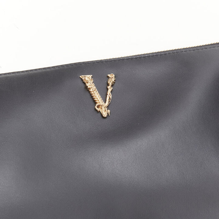 VERSACE gold Virtus Barocco V black leather zip clutch crossbody bag
