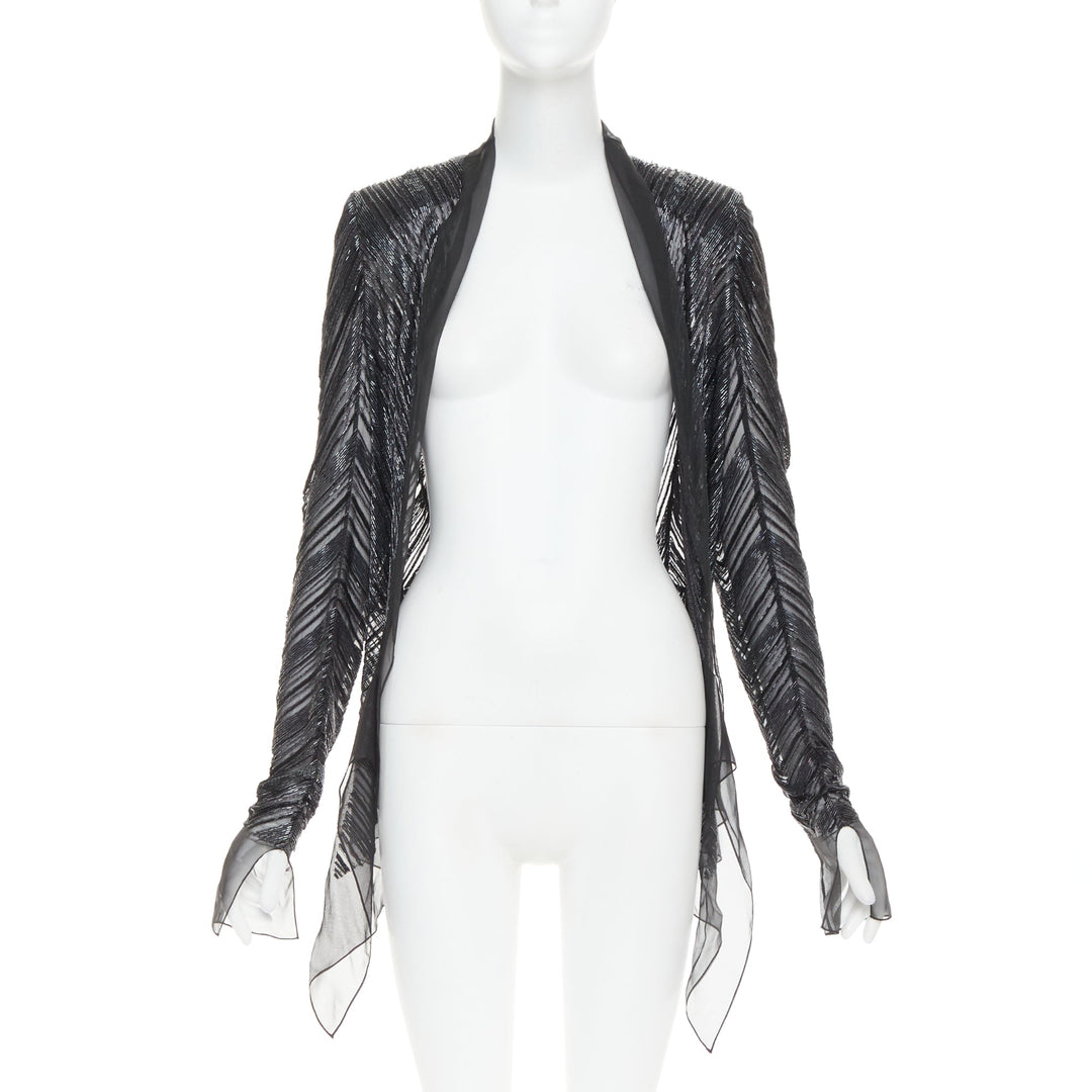 ALEXANDRE VAUTHIER sheer grey geometric long bead embellished drape jacket