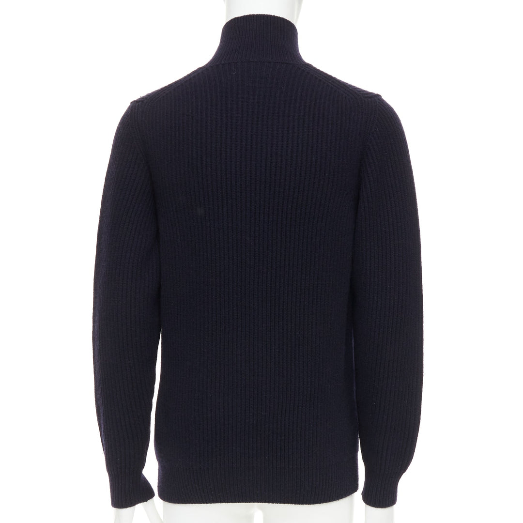 BRIONI 100% cashmere navy leather trim side button sweater IT48 M