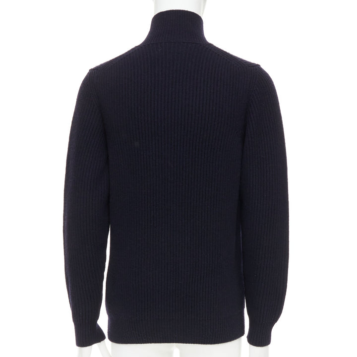 BRIONI 100% cashmere navy leather trim side button sweater IT48 M
