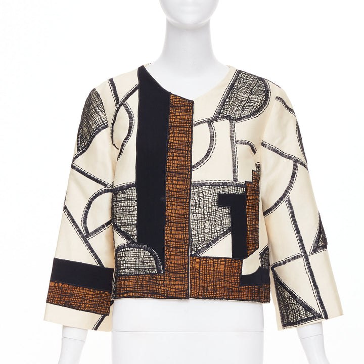 OSCAR DE LA RENTA 2012 beige black abstract mesh overlay cropped jacket US12 2XL