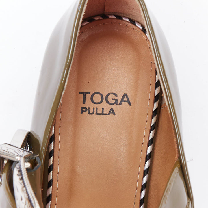 TOGA PULLA khaki green patent leather crystal embellished maryjane flat EU39