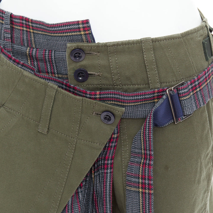 SACAI 2018 khaki cotton deconstructed check wool kilt pants JP2 M