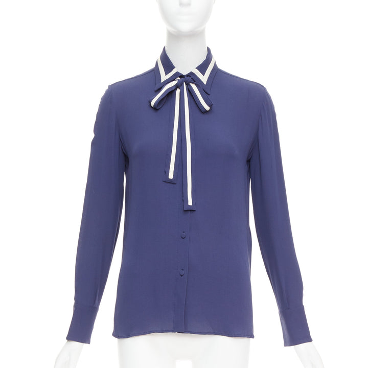 VALENTINO 100% silk navy cream trim tie neck blouse shirt US4 S