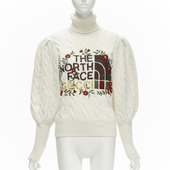 rare GUCCI THE NORTH FACE wool floral logo embroidery cable knit turtleneck XS