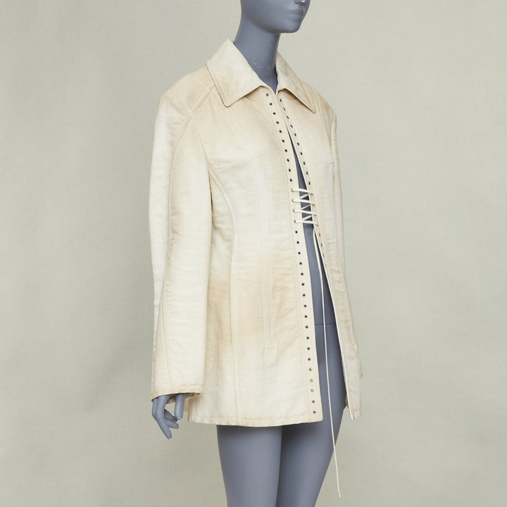 PRADA 2022 Runway Slub beige distressed canvas lace up corset jacket IT36 XXS