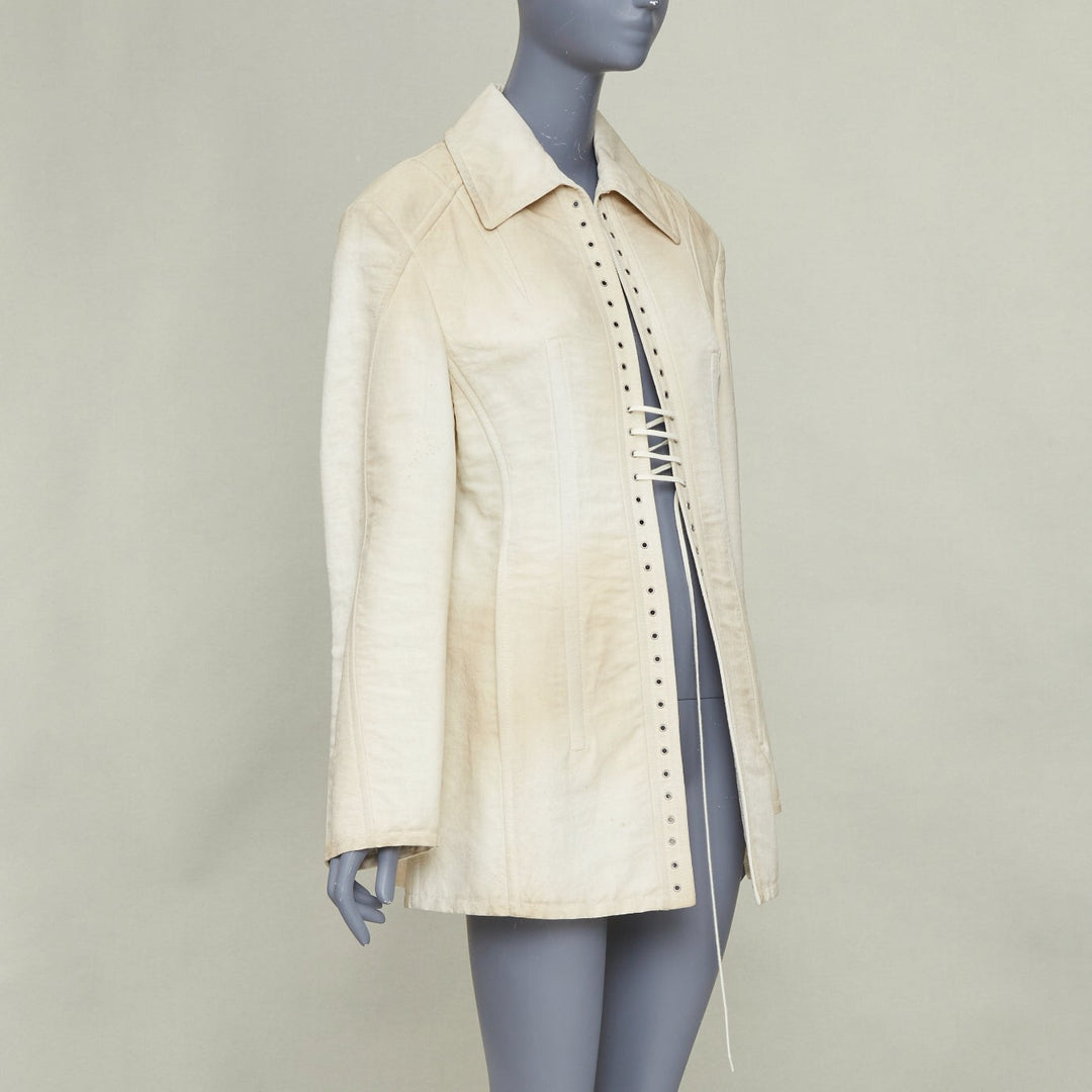 PRADA 2022 Runway Slub beige distressed canvas lace up corset jacket IT38 XS