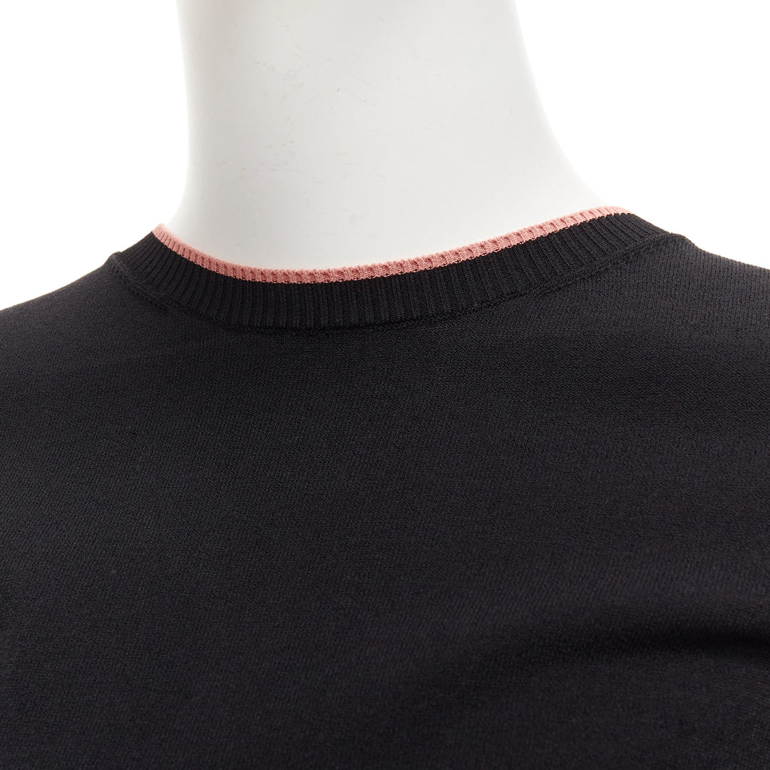 VALENTINO black pink rib trim crew neck short sleeve cropped sweater top S