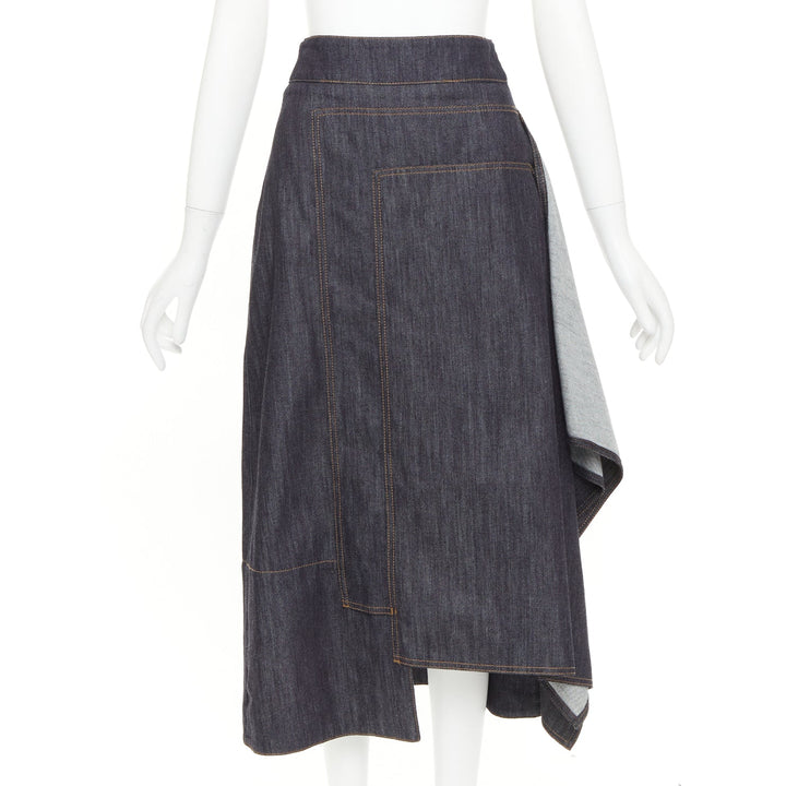 MARNI indigo blue cotton cashmere denim drape asymmetric hem midi skirt IT38 XS