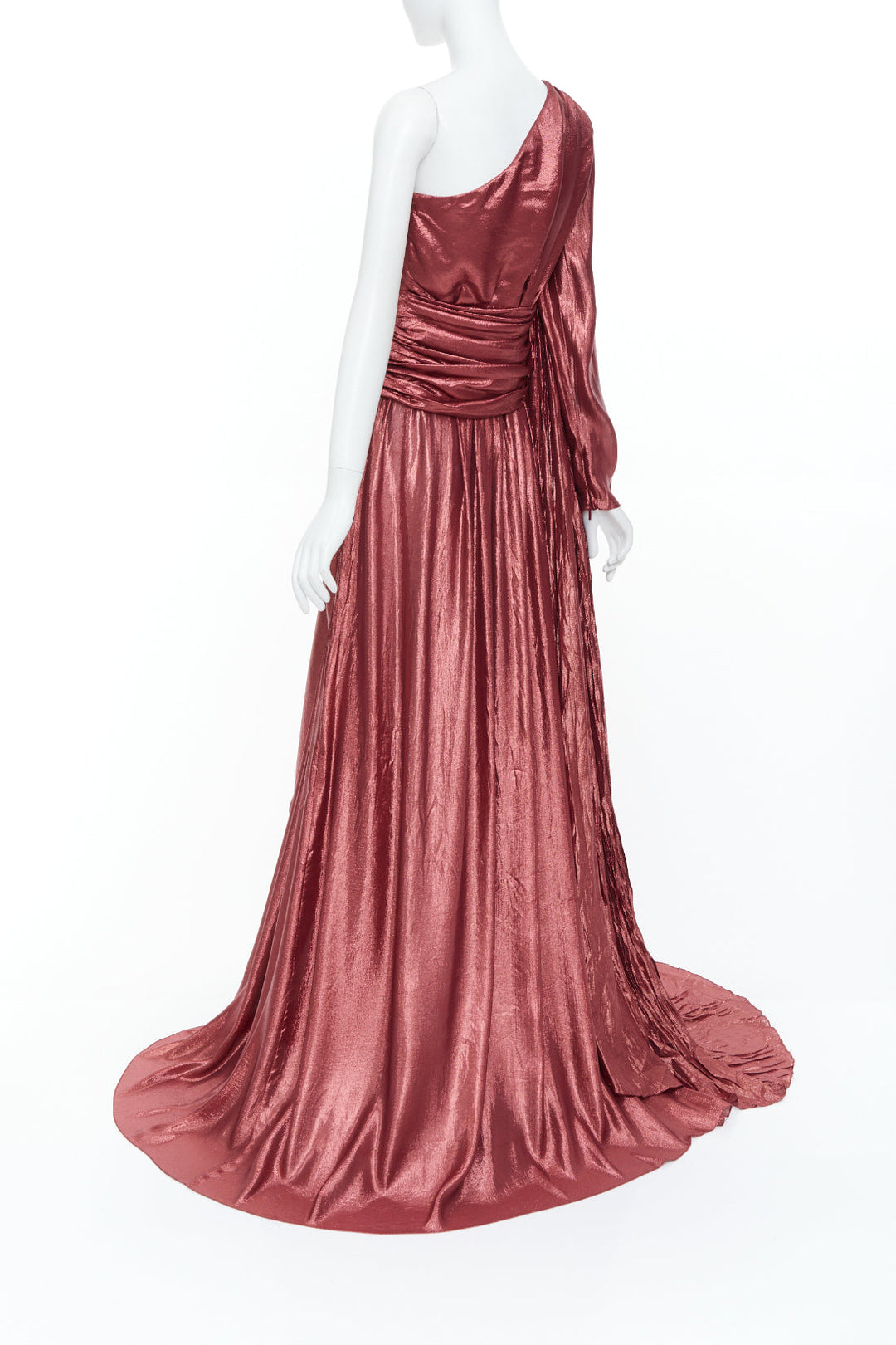 GUCCI 2019 bronze silk blend lame one shoulder asymmetric cape train gown IT40 S