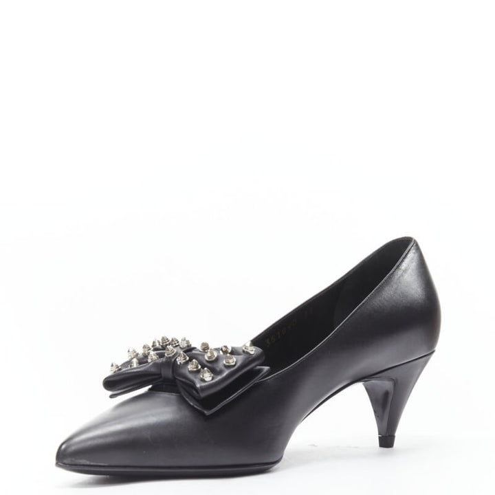 SAINT LAURENT silver spike studded bow point toe pump EU37