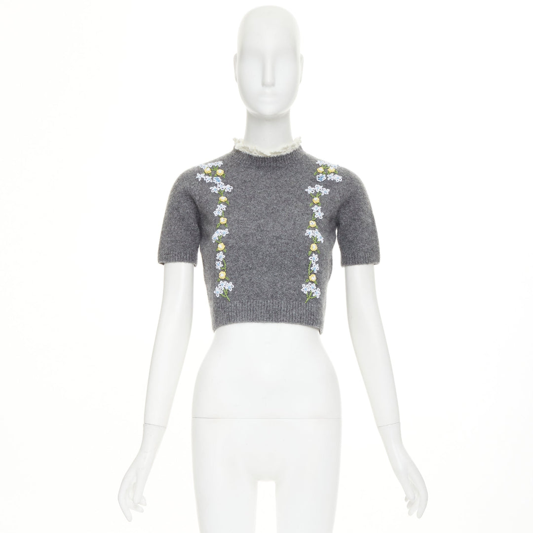 SHUSHU TONG 2024 grey wool embroidered florals lace trim cropped sweater UK6 XS
