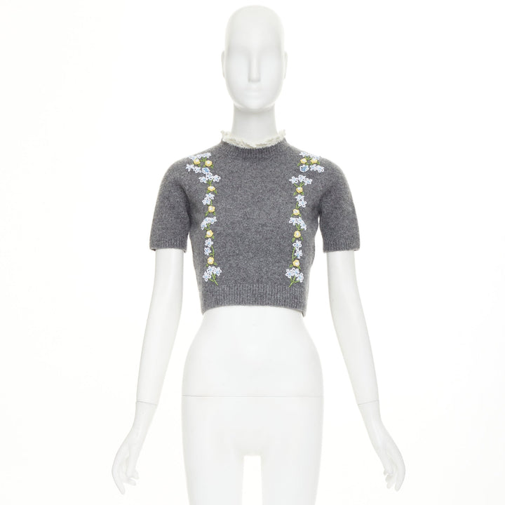 SHUSHU TONG 2024 grey wool embroidered florals lace trim cropped sweater UK6 XS