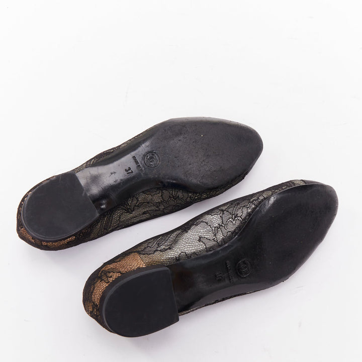 CHANEL black CC logo floral lace satin toe cap nude underlay ballet flats EU37