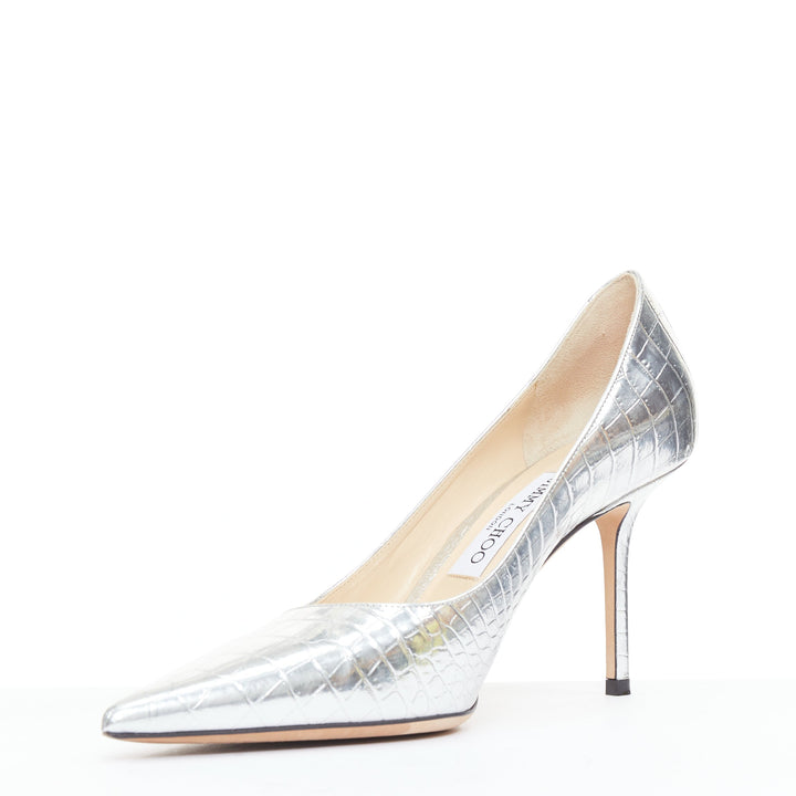 JIMMY CHOO Love mirrored silver croc embossed leather pointy pumps EU39.5