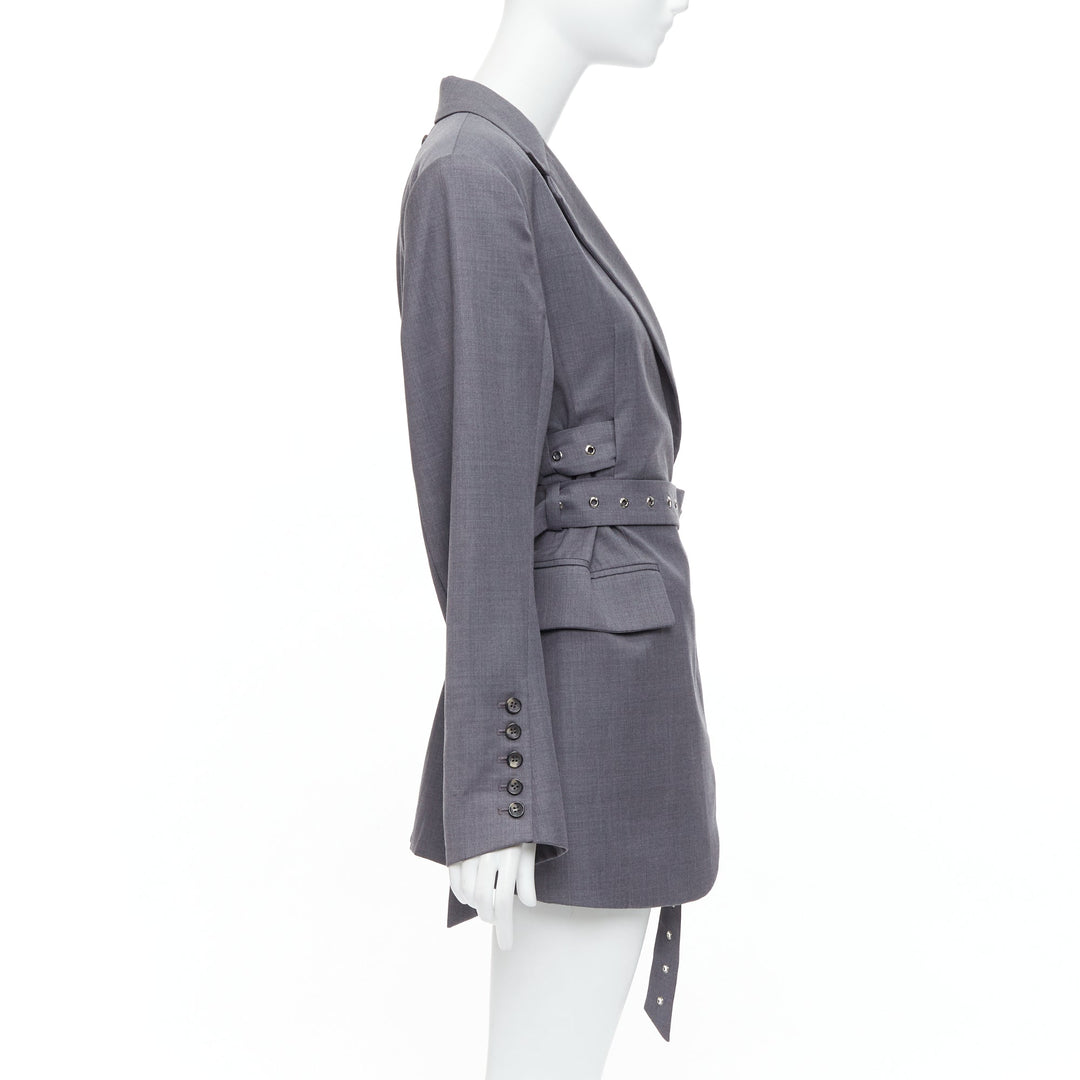 ROHK grey wool blend grommet double belted shoulder pad blazer FR36 S