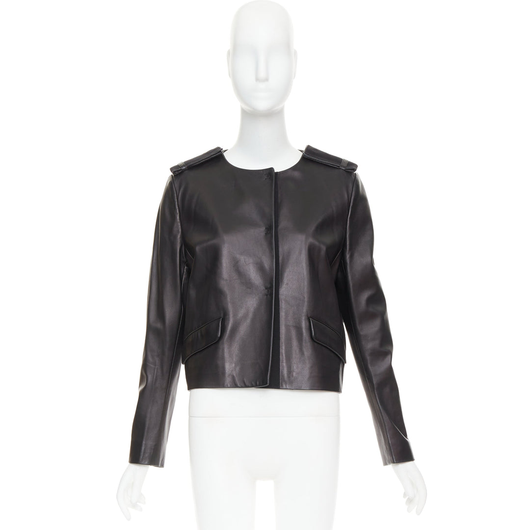 PRADA 2015 black lambskin leather grosgrain trim cropped military jacket IT44 L